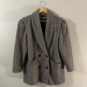 Vintage 80s Micki wool tweed herringbone puffed shoulder double breasted coat